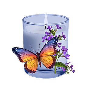 blue soy wax candle with monarch butterfly and purple irises